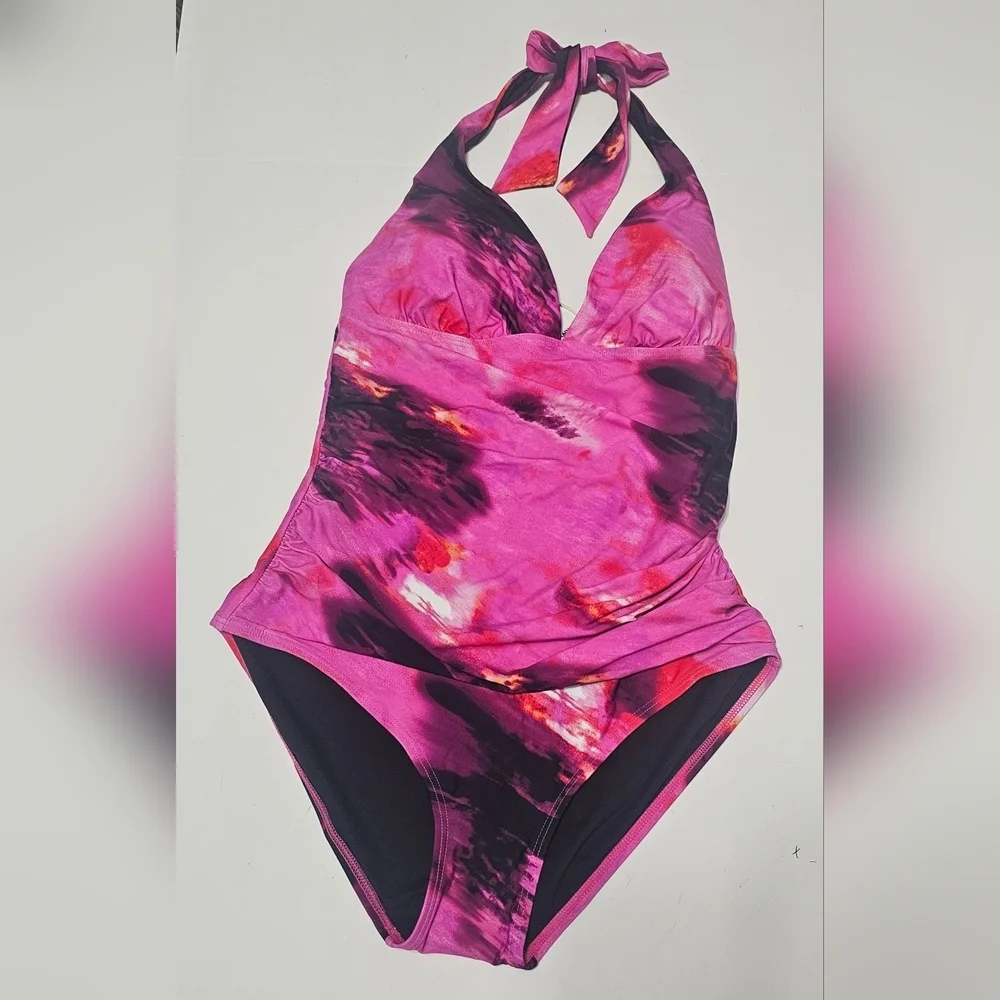 NWOT DKNY Women's Tie Back Halter One Piece Swimsuit XL - Picture 2 of 6